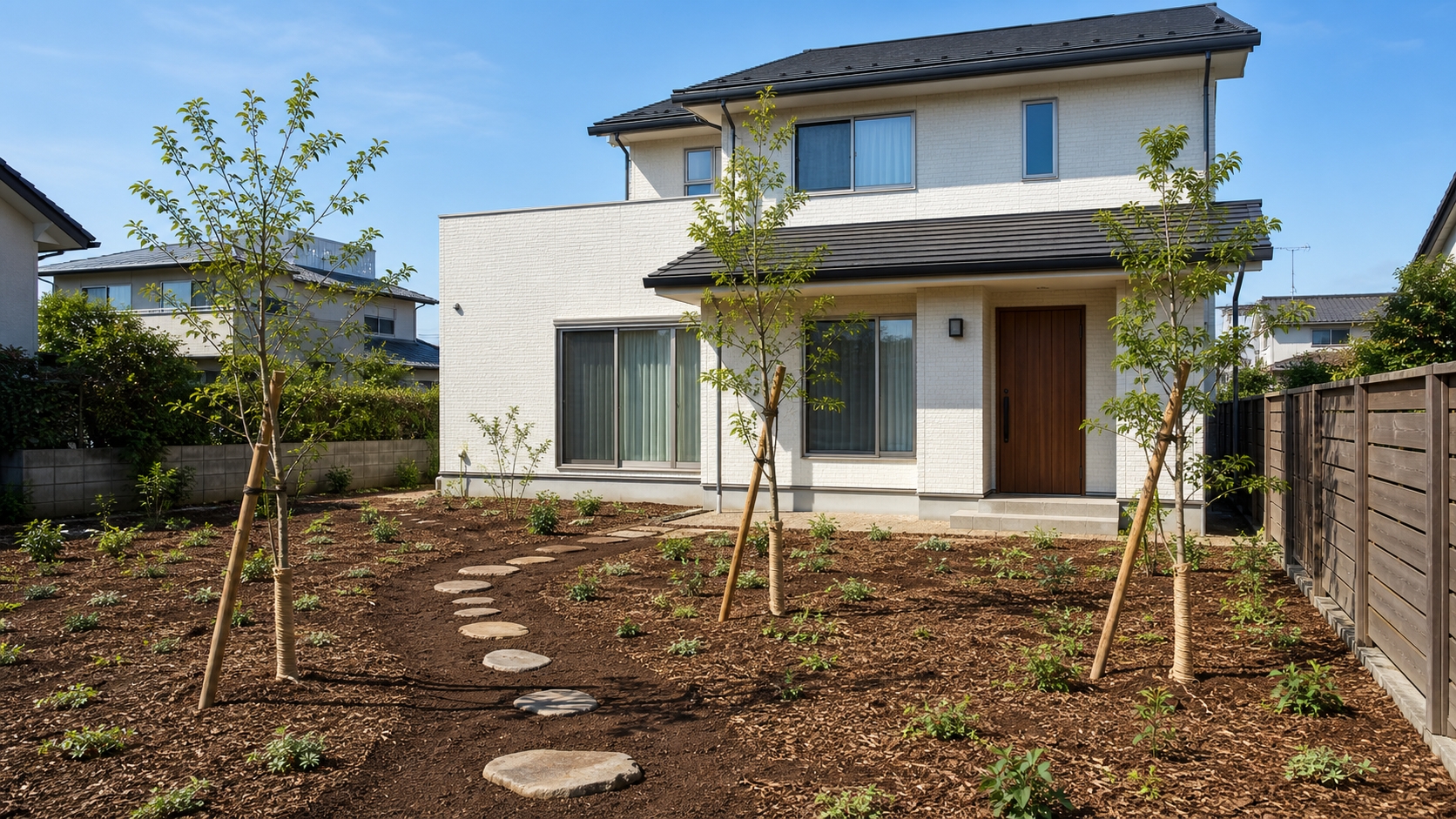 植えた日の庭。若木に支柱が付き、地面の土が見えている（イメージ）
