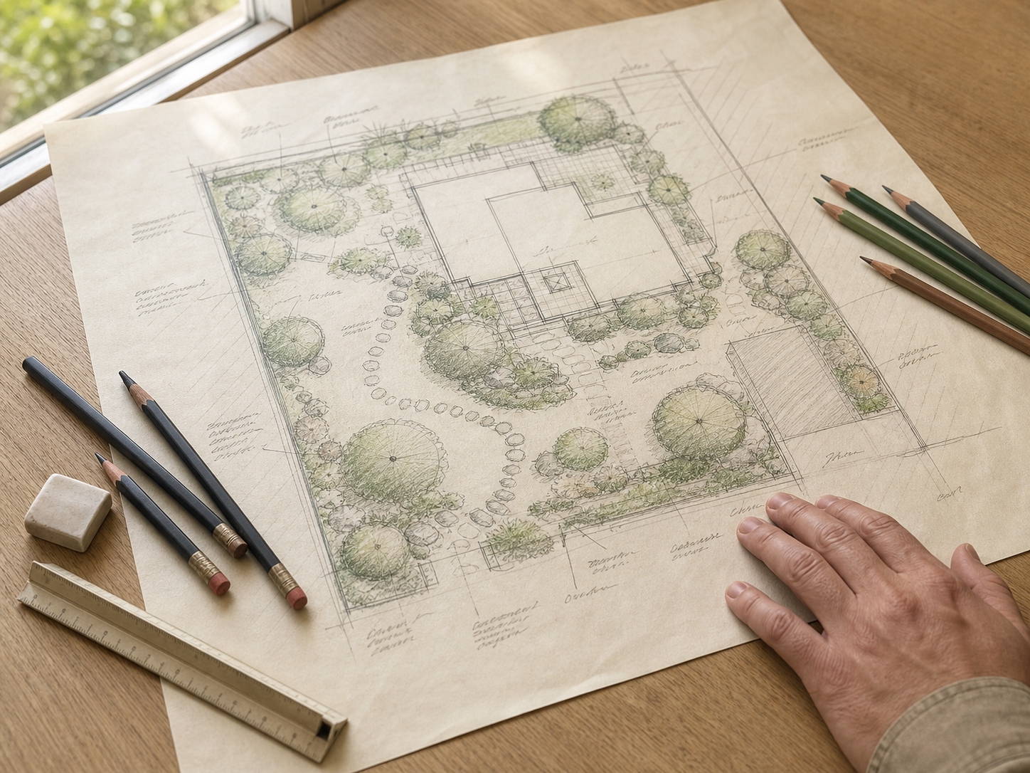 作業机に広げられた手描きの庭のプラン図（イメージ）