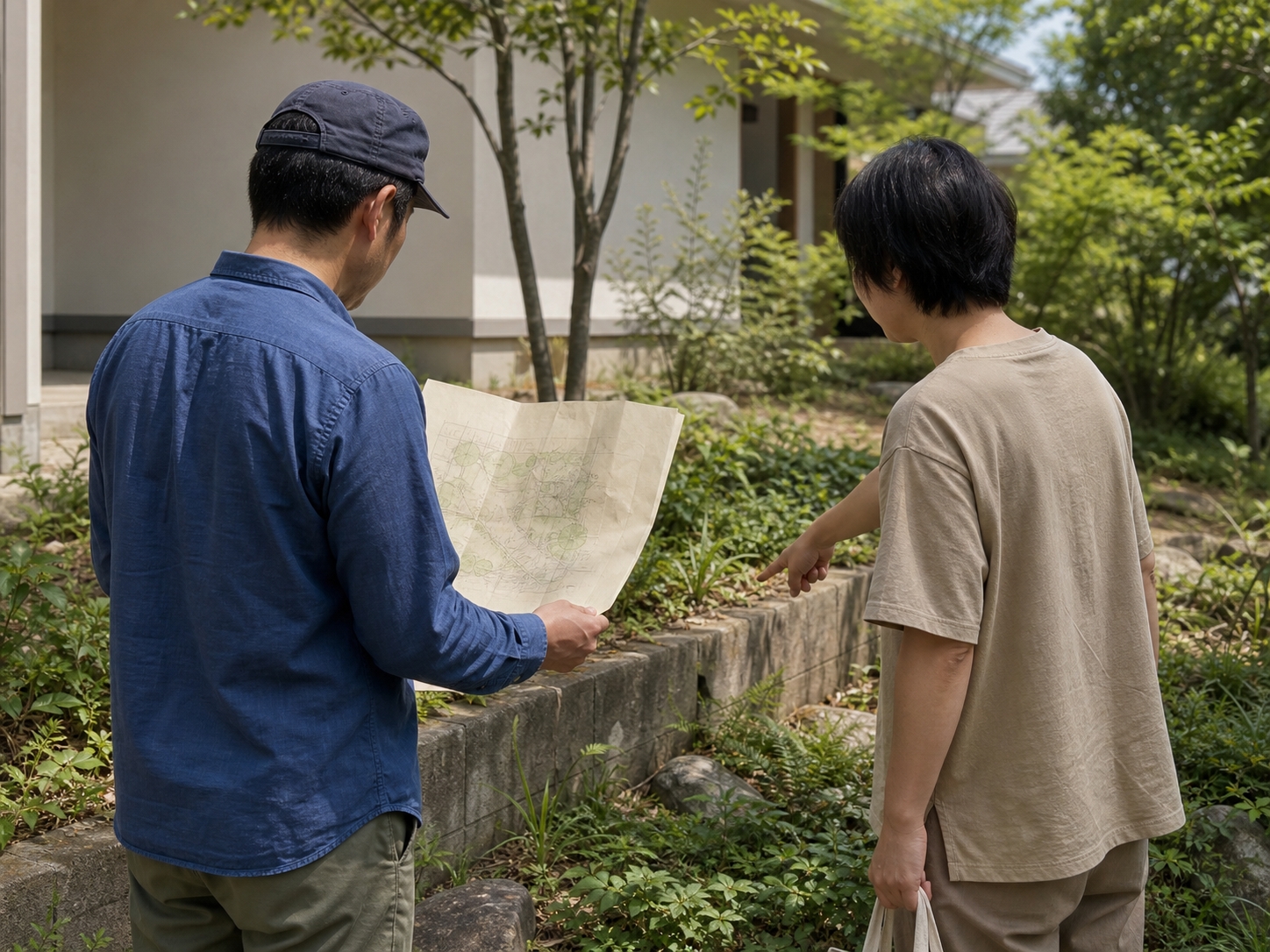 庭先で敷地の高低差を見ながら打ち合わせをする様子(イメージ・後ろ姿)